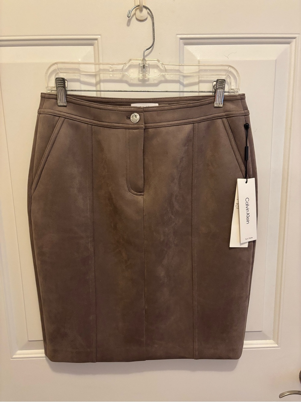 Calvin Klein Taupe Faux Suede Pencil Skirt with Front Pockets